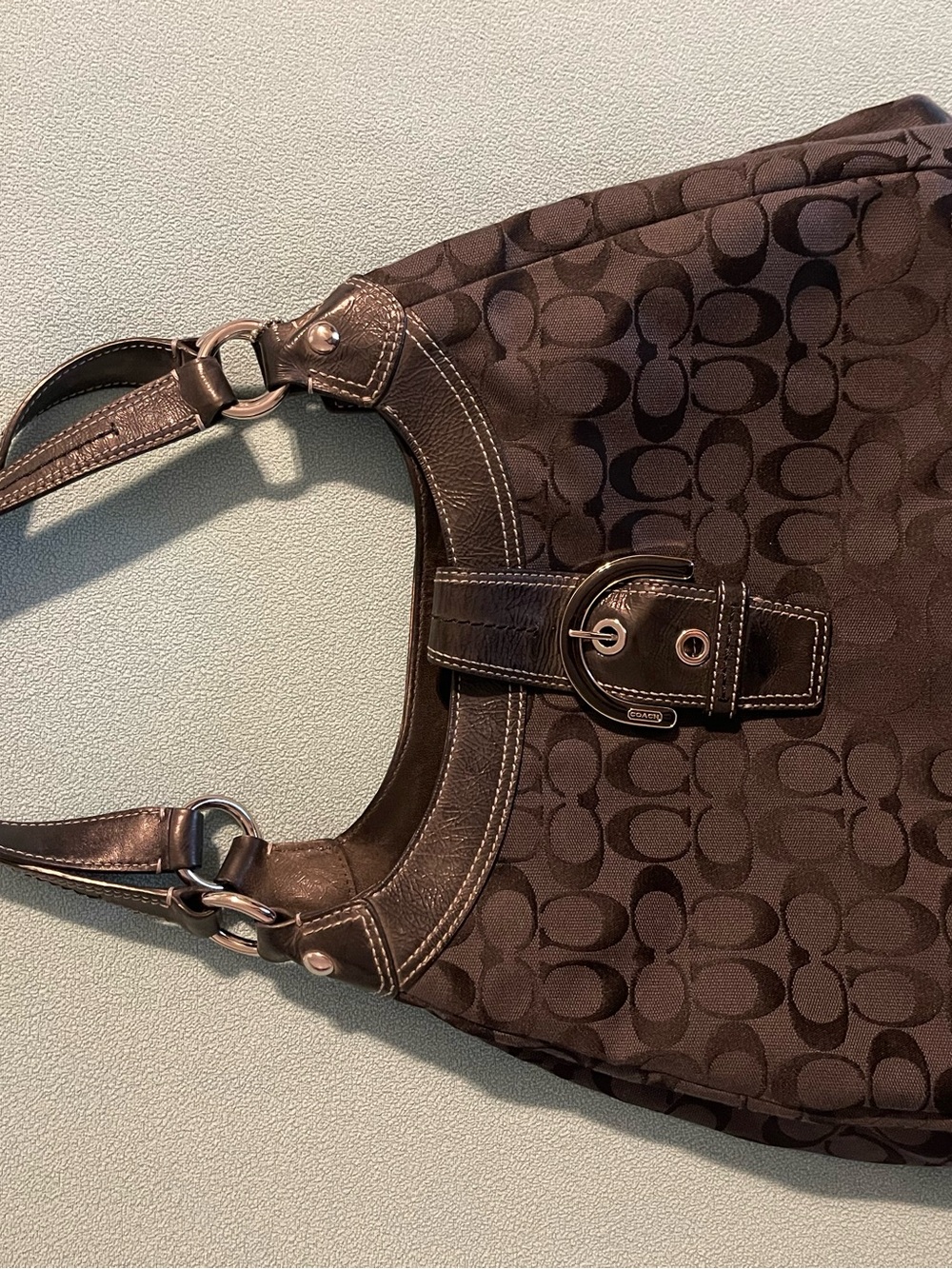 Coach Brown Signature Jacquard Shoulder Bag with Leather Trim